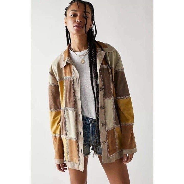 New Free People Edie Crochet Chore Patchwork Jacket Suede Leather Shirt Jacket