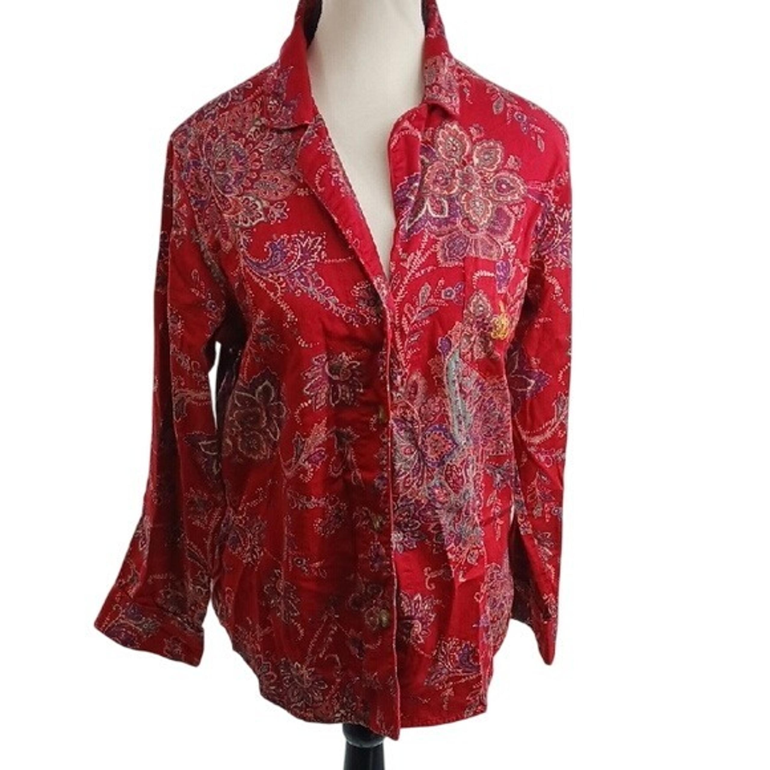 Lauren Ralph Lauren Pajama Top Womens Size M Red Floral Paisley Button Down