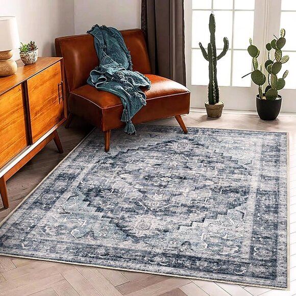 NEW Area Rug 5'x7' Dark Blue Washable Vintage Traditional Floor Cover Thin Retro