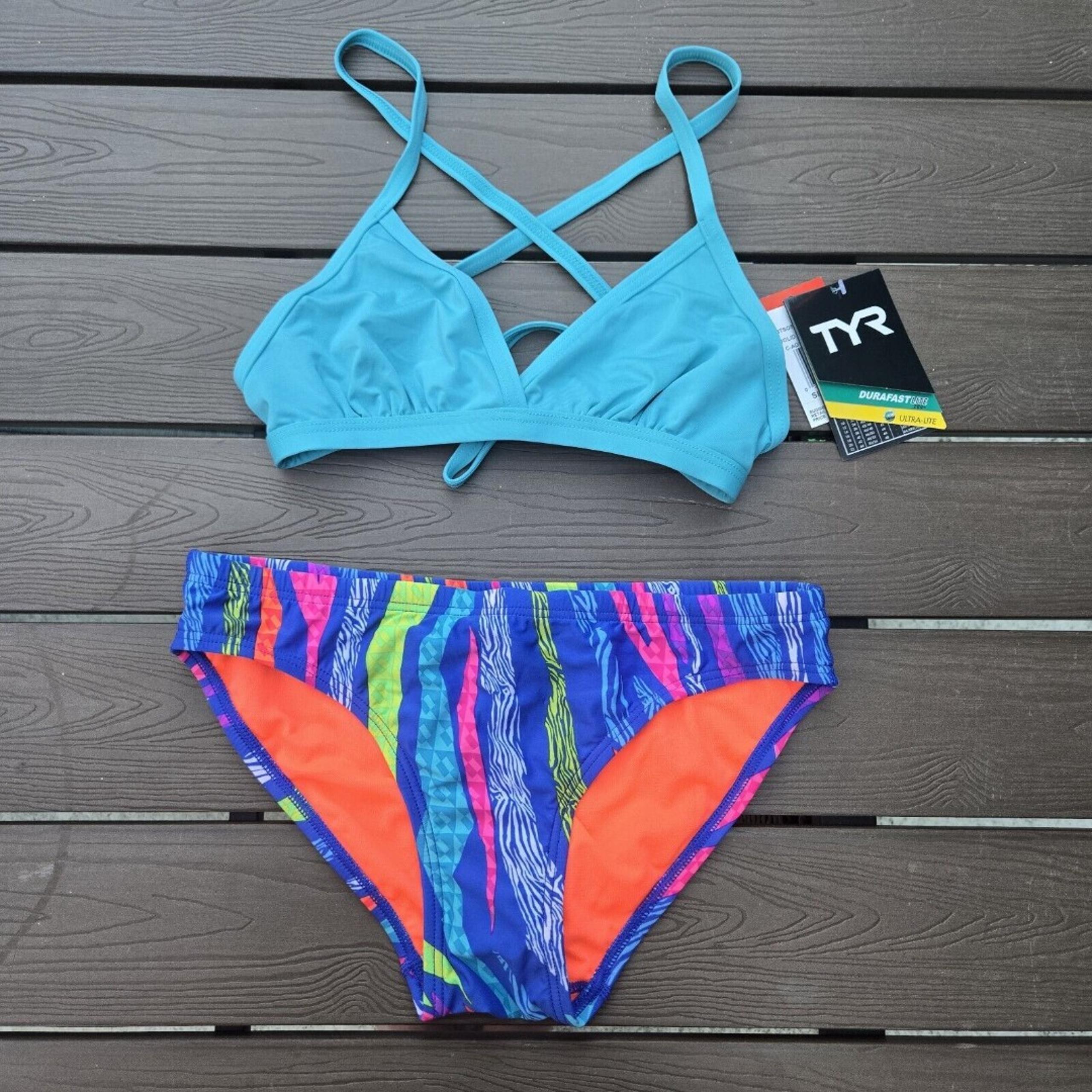 TYR Durafast Solid Triangle Top & Jungle Bottom  Blue/multi Bikini Set S New