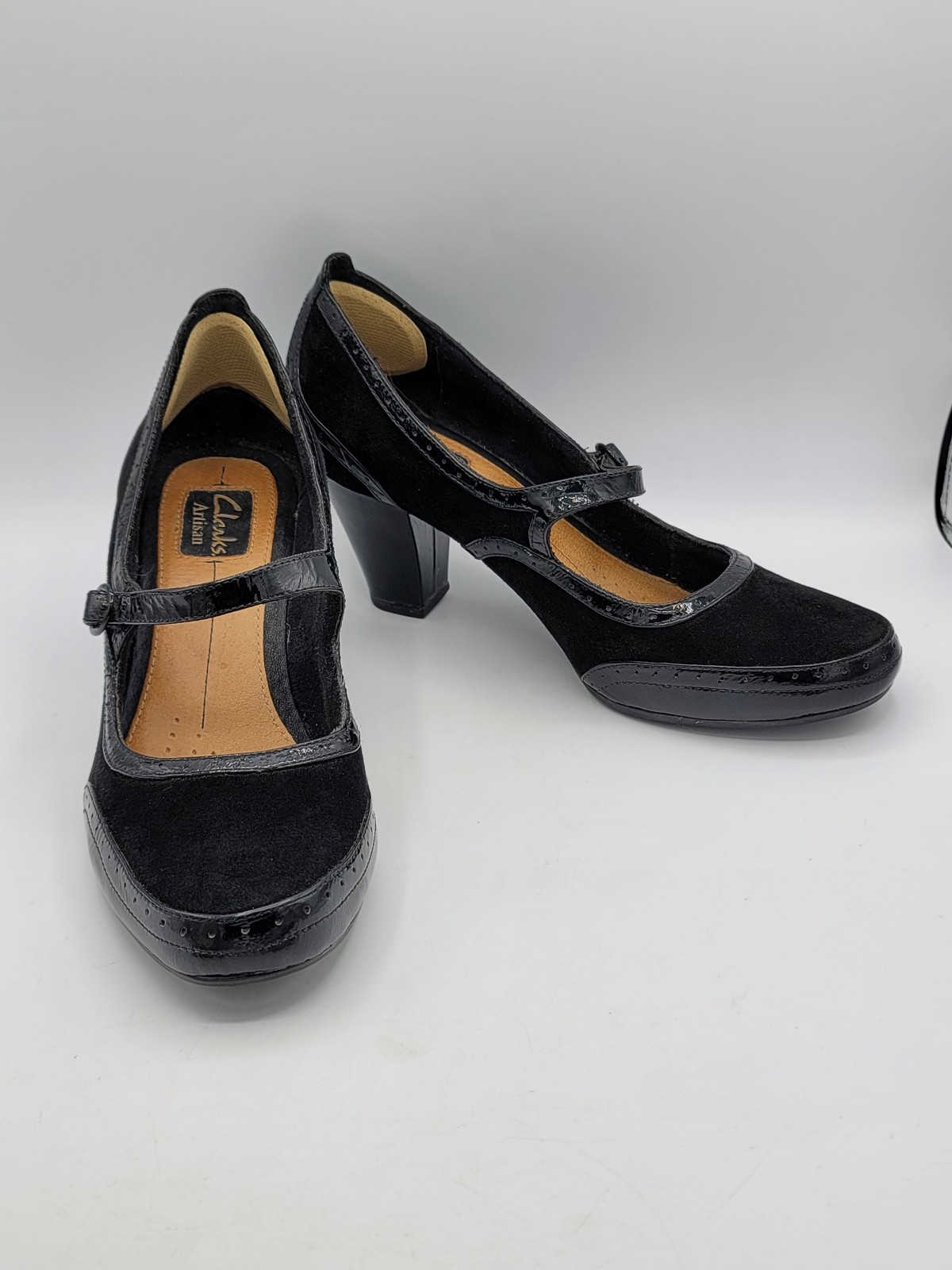 Clarks Artisan Diamond Shine Mary Jane Pumps Black Suede Patent 10 Footbed