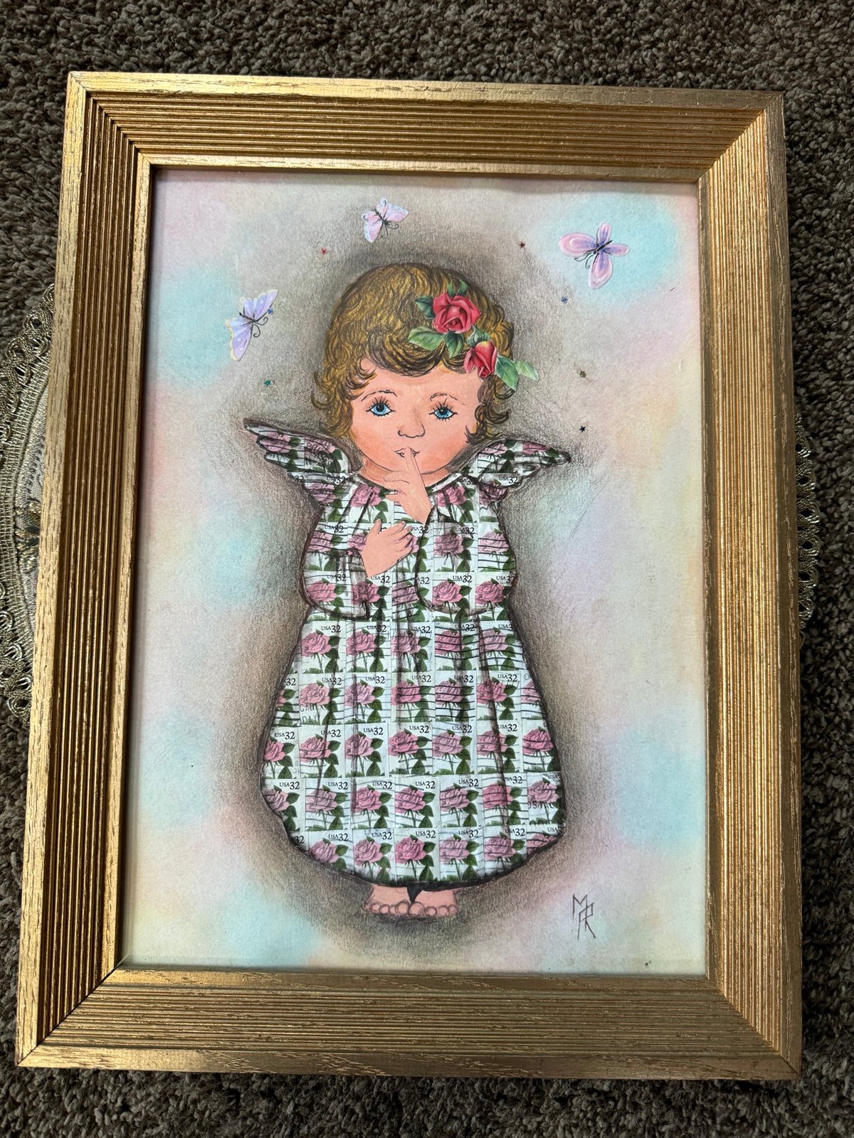 Vintage Colored Pencil Artwork with 32¢ Pink Rose Stamps Angel by MR