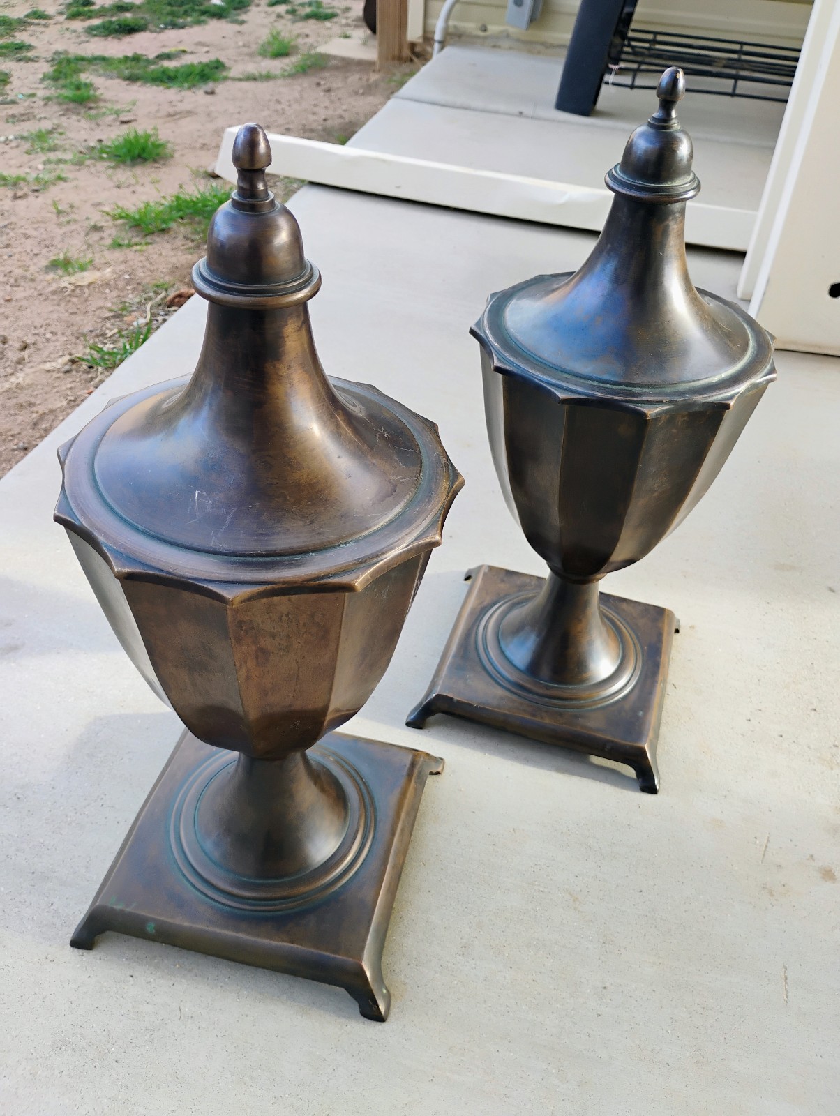 Pair Vintage Bronze Compote Urn Vase