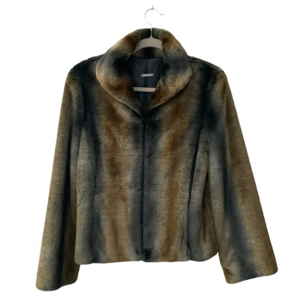 Trina Turk Faux Fur Short Jacket Oversized Collar Khaki Tan Green SUPER SOFT 6