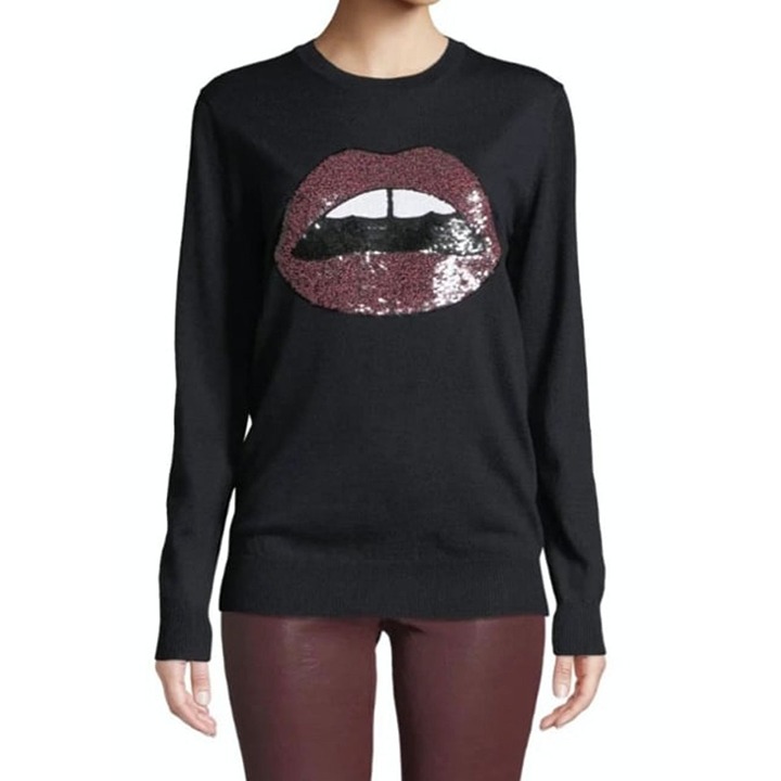Markus Lupfer Natalie Merino Wool Sequin Lips Sweater Black Size XS