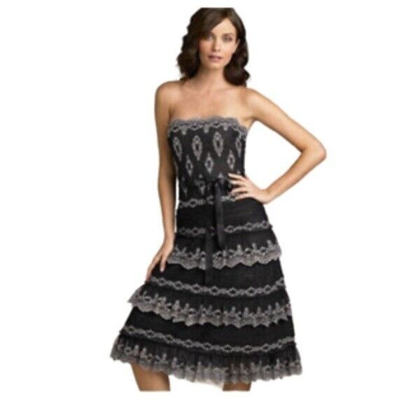BCBGMaxazria Women's Zero Size Tiered Black & Ivory Strapless Dress