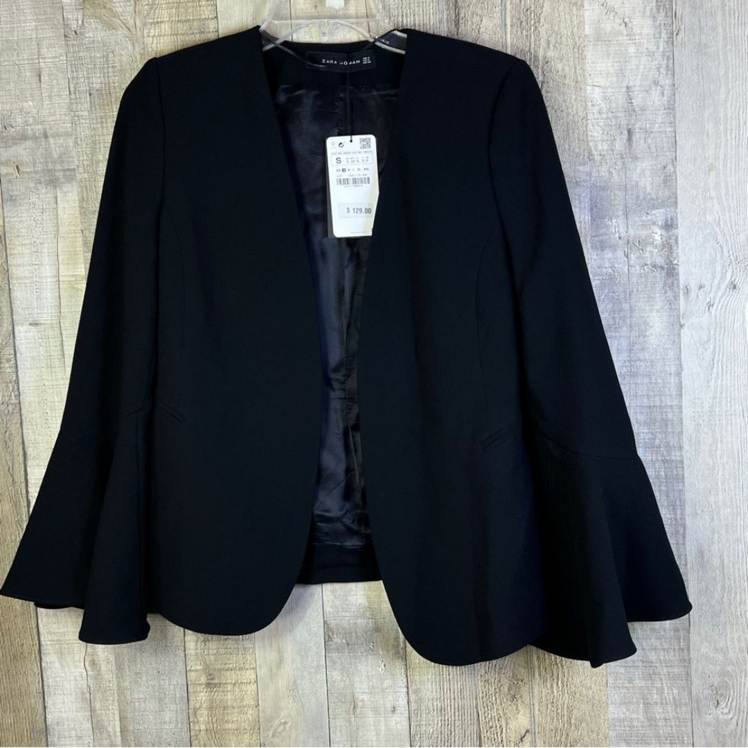 Zara Woman USA Small lined Open Front Jacket with Faux Pockets & Bell Sl…