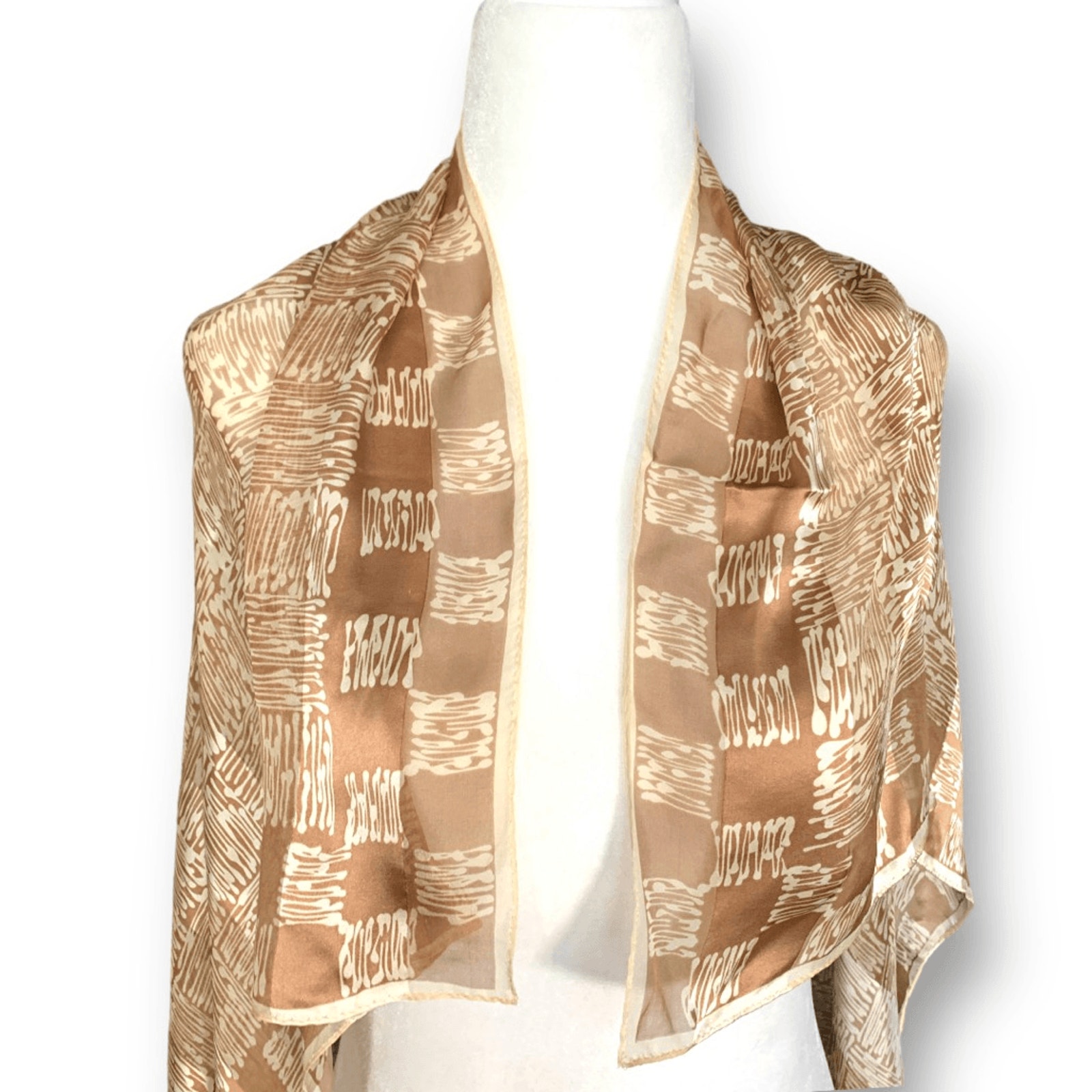 Vintage 90s Oscar De La Renta Silk Scarf Geometric Tan Print Made In Korea Sheer