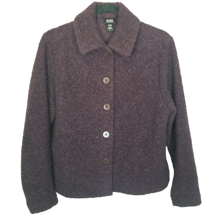 Eileen Fisher Womens S Purple Button Front Collared Long Sleeve Wool Coat Jacket