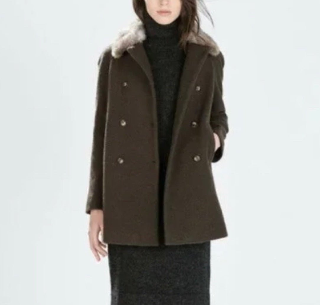 NWOT ZARA faux fur trim hood double Breasted wool coat