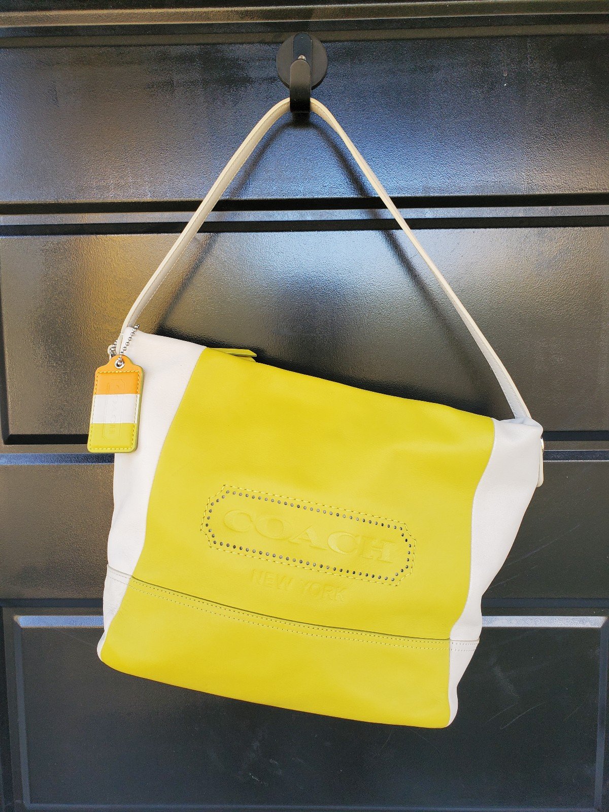 RARE Coach leather legacy colorblocked in yellow/lime with beige