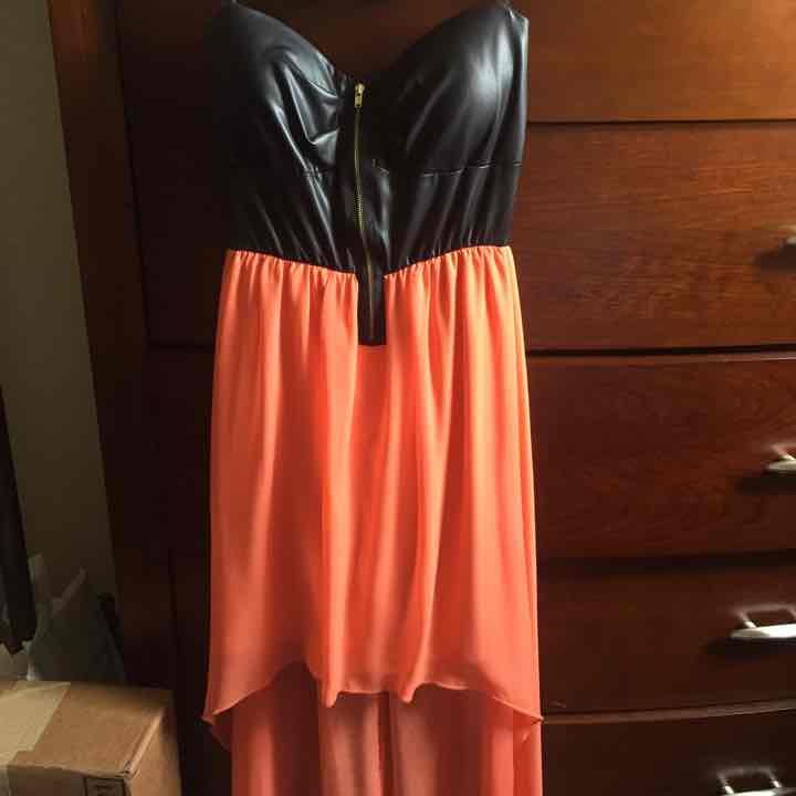Black and coral strapless dress