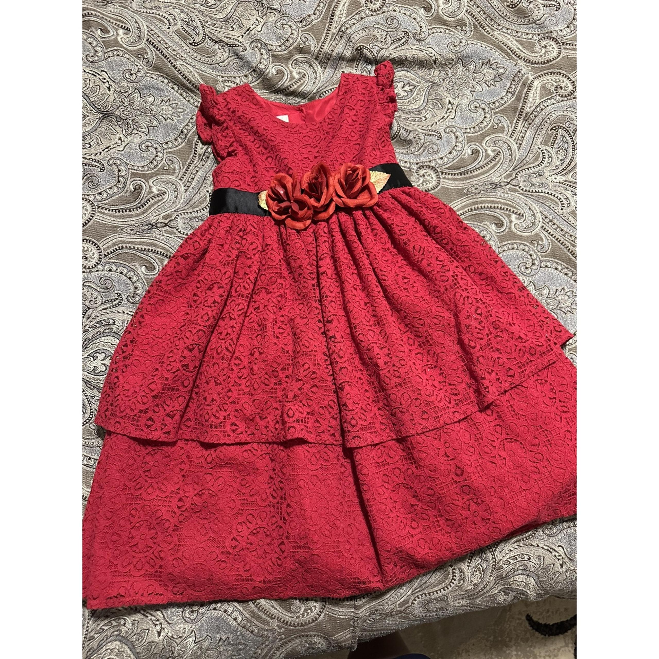 Laura Ashley Little Girl's Red Lace & Roses Fanciful Dress-Size-6