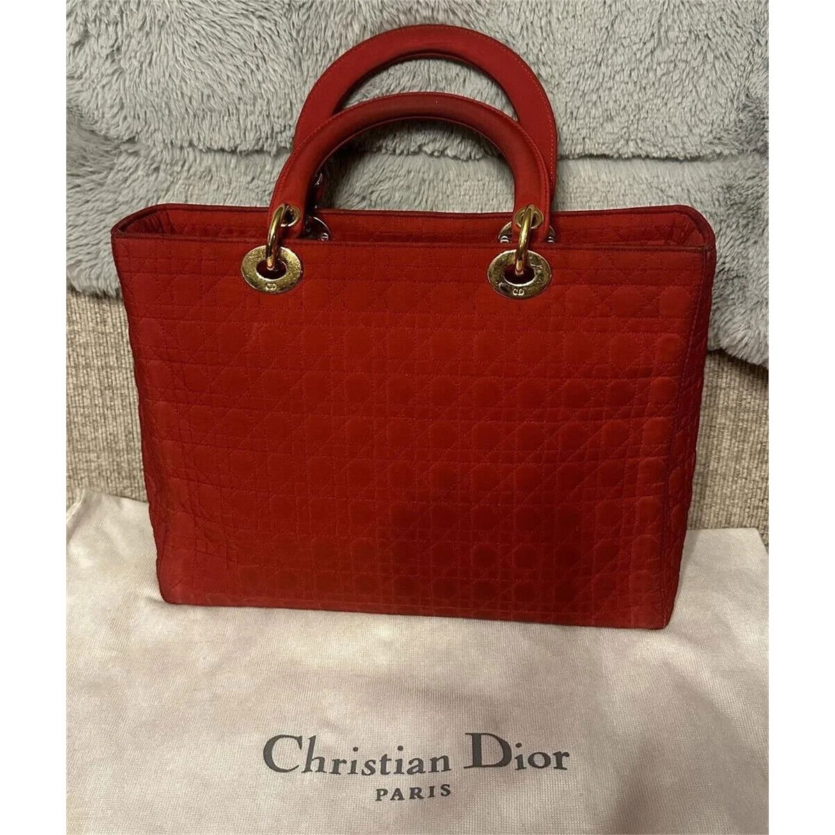 Dior Lady Dior Handbag Purse Canage Nylon canvas RED Medium Vintagewith dust bag