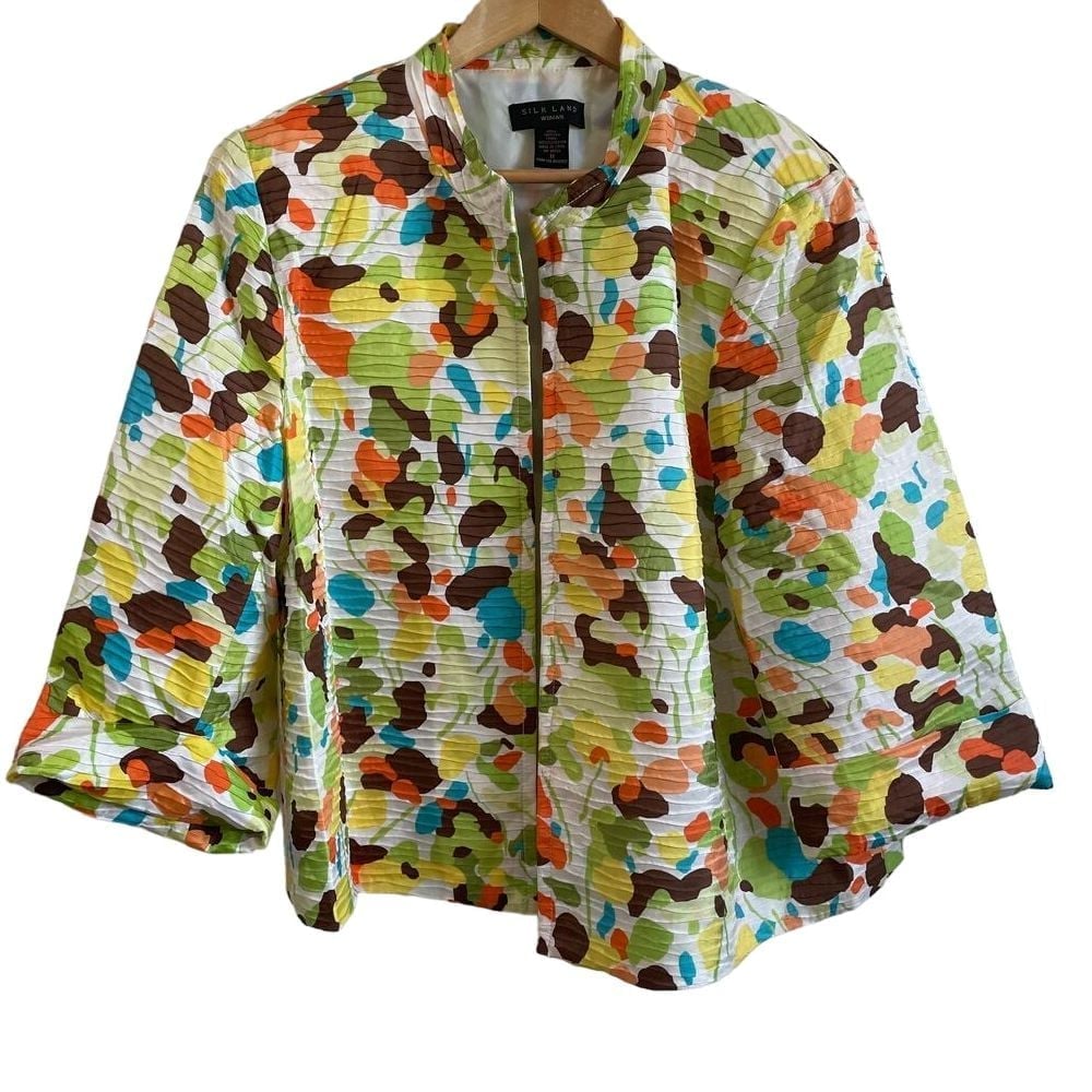 Silk Land Jacket Womens 1X Colorful Open Front Career Office Silk Textured Artsy