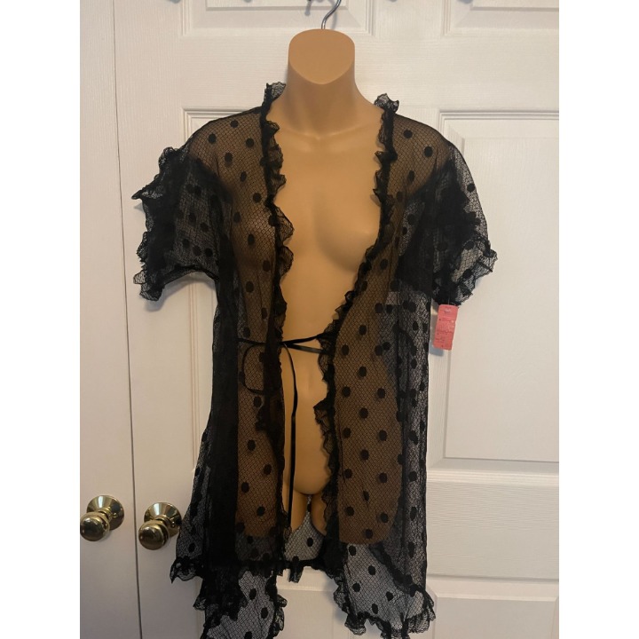 Vintage Sheer Black Swiss Dot Robe Coverup Size S NWT