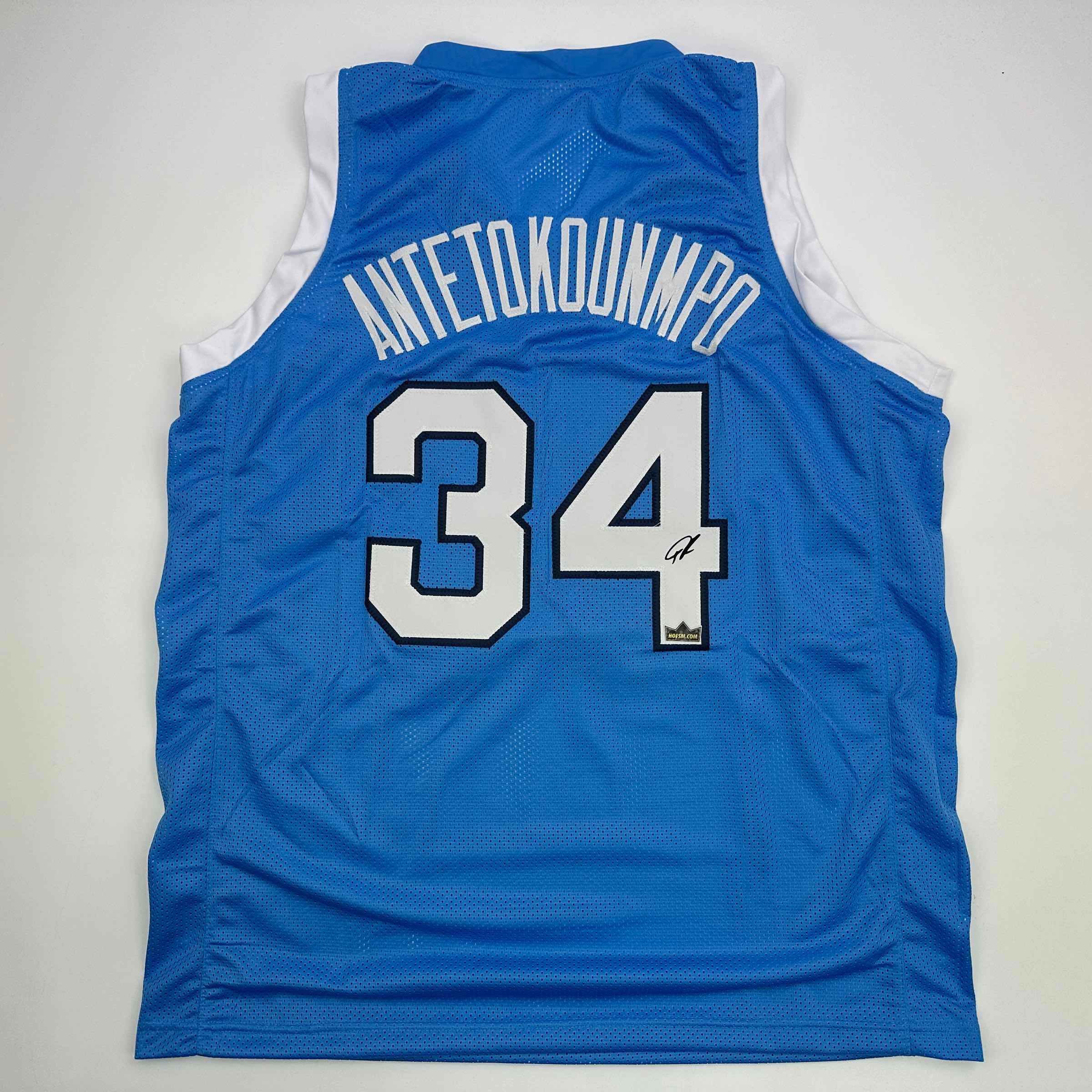 Facsimile Autographed Giannis Antetokounmpo Greece Light Blue Auto Jersey Size