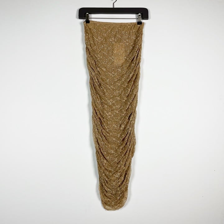 NEW Zara Allover Semi Sheer Crochet Lace Knit Ruched Crystal Jewel Midi Skirt M