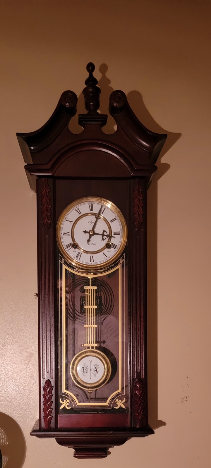 VINTAGE REDWOOD 6X12X34" TALL WALL MANTLE CLOCK WORKING WITH KEY