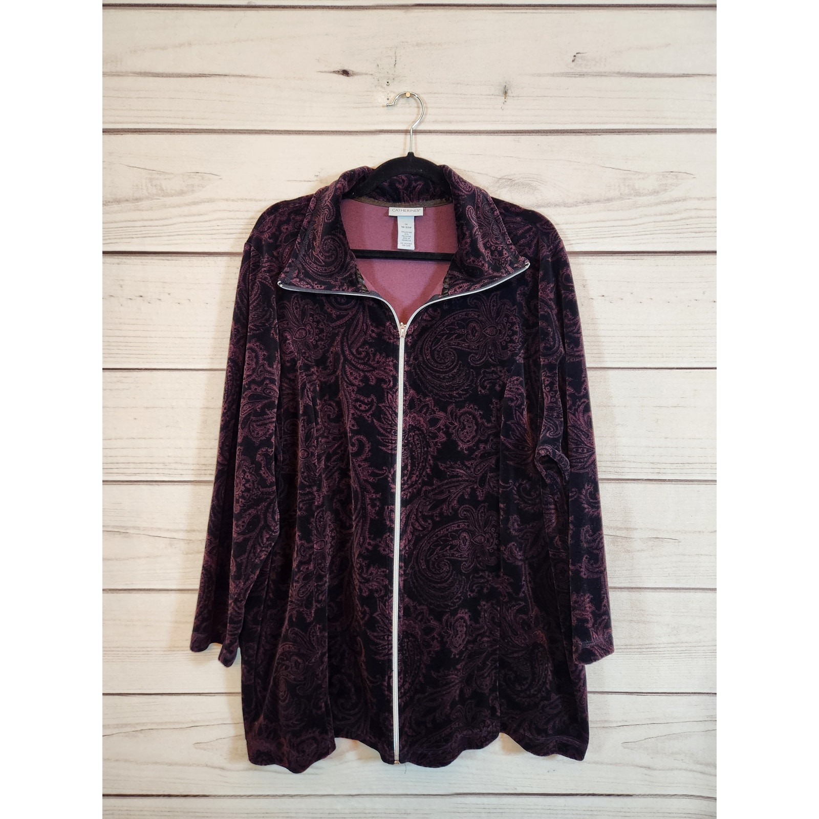 Catherines Womens Black Purple Paisley Long Sleeve Full Zip Velvet Jacket Sz 1X
