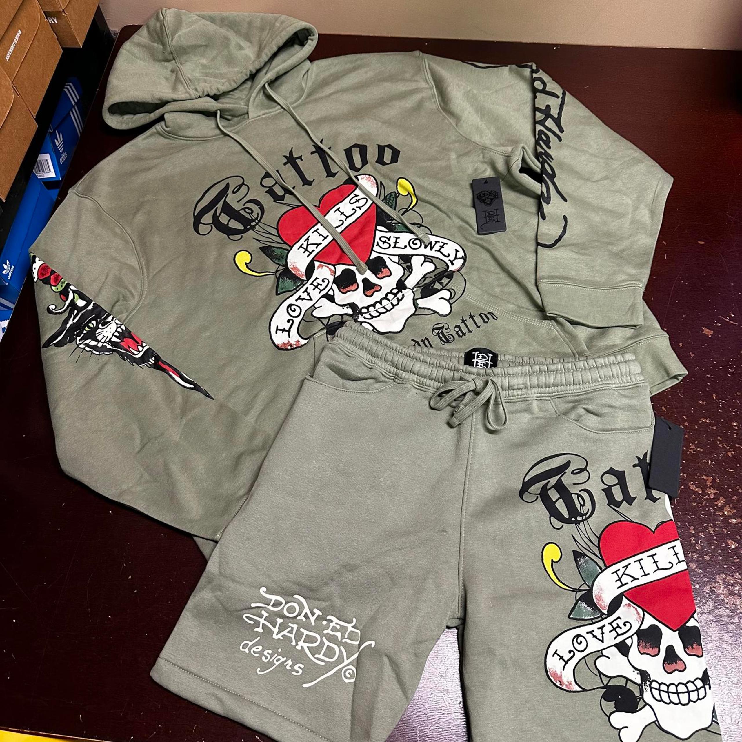 Ed Hardy mens skull graphic olive green hoodie shortset