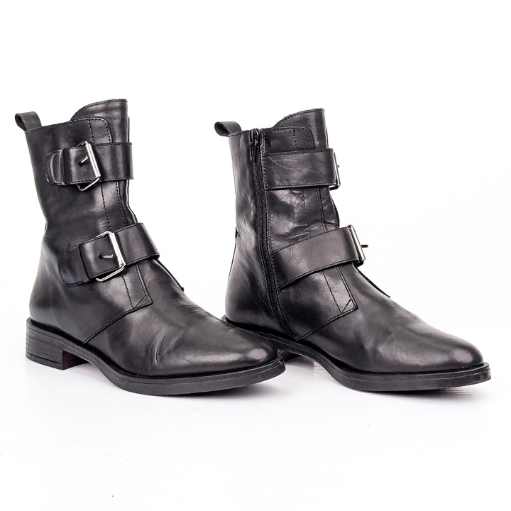 Emanuele Crasto Wmn Black Italian Leather Strap Buckle Zip Ankle Boots 8US EUR38