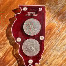 rare case illinois 150th Years of Progress medal round set in rare casing