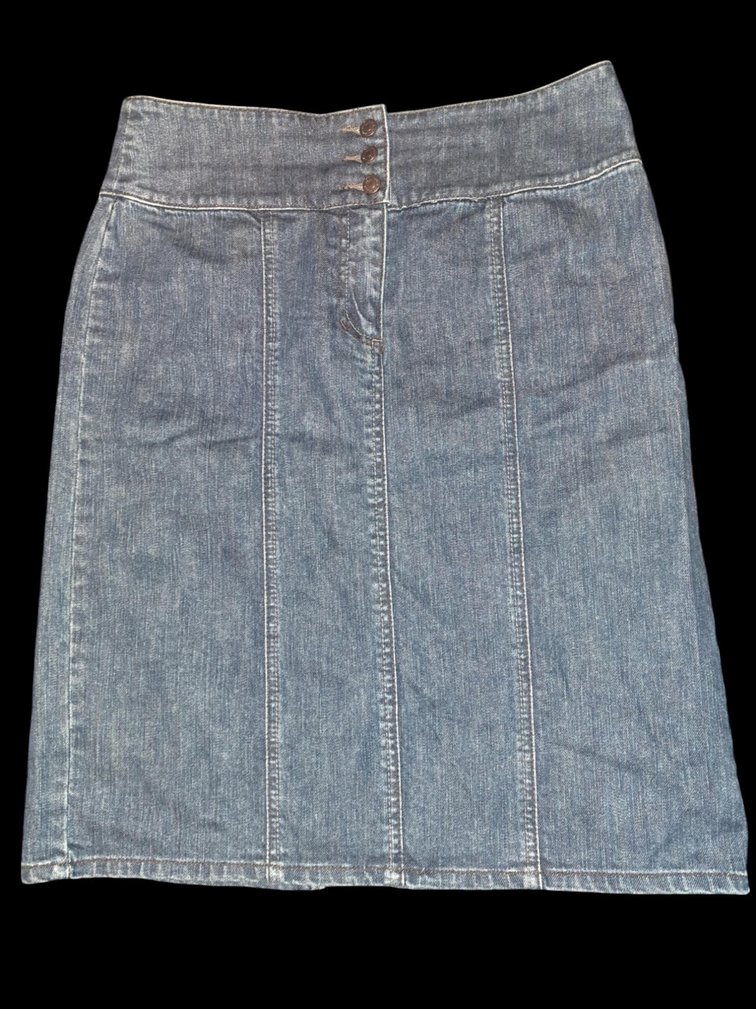 New York & Company Women's Blue Denim A-Line Midi Skirt w Back Slit Sz 8