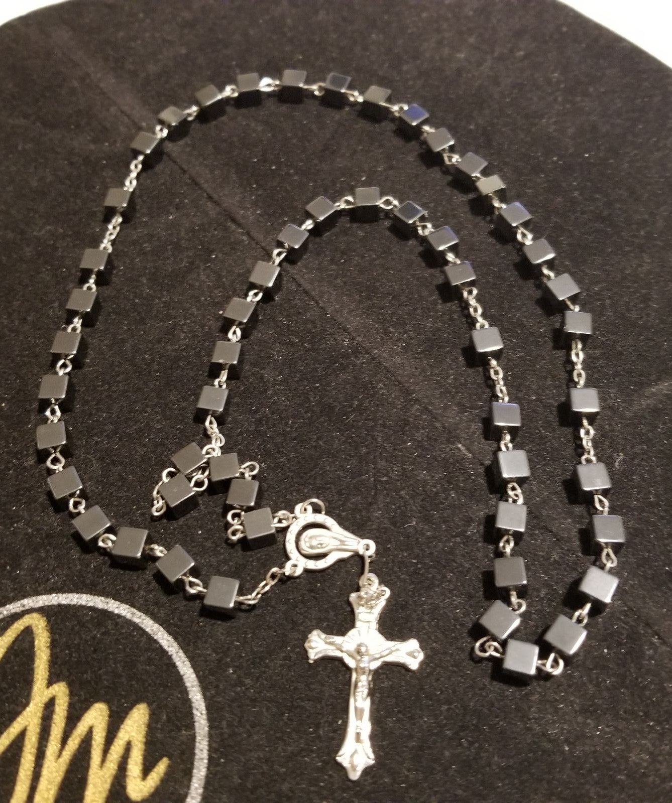 Vintage Square Hematite Rosary Prayer Be