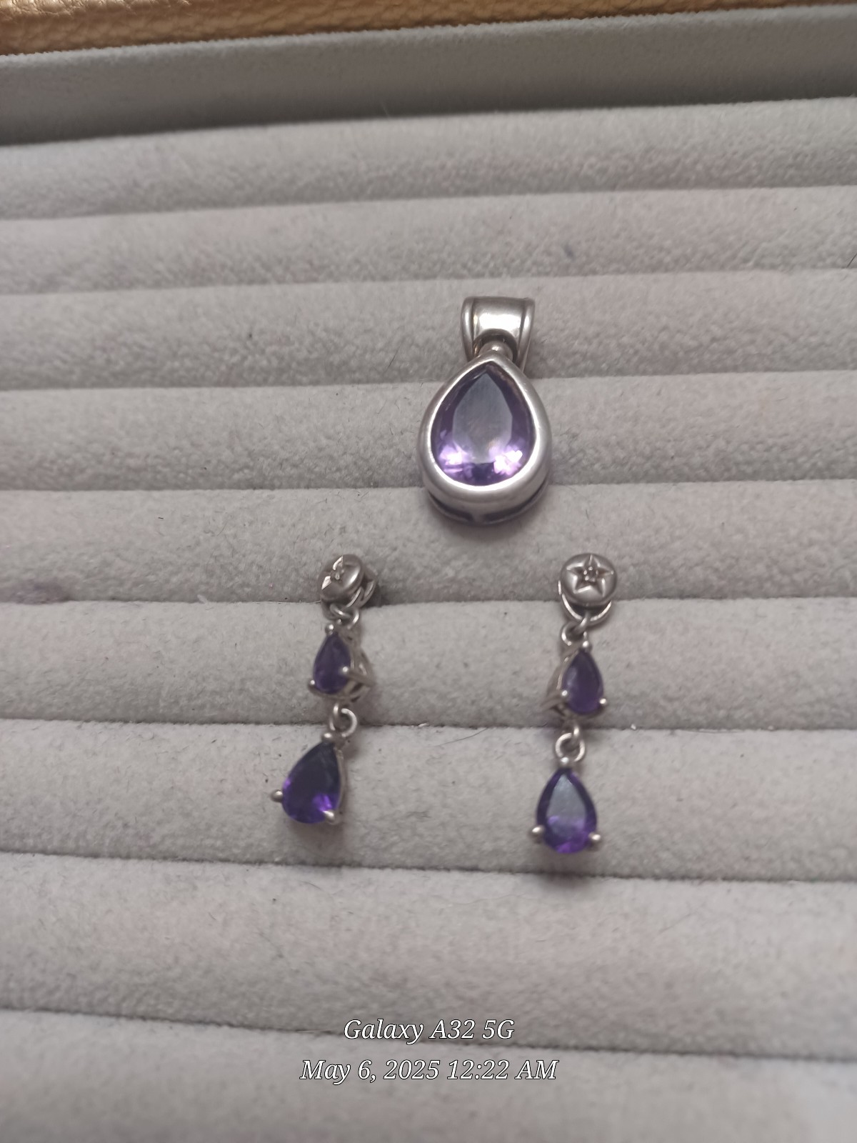 Solid 925 sterling silver, diamond and amethyst pendant and earrings