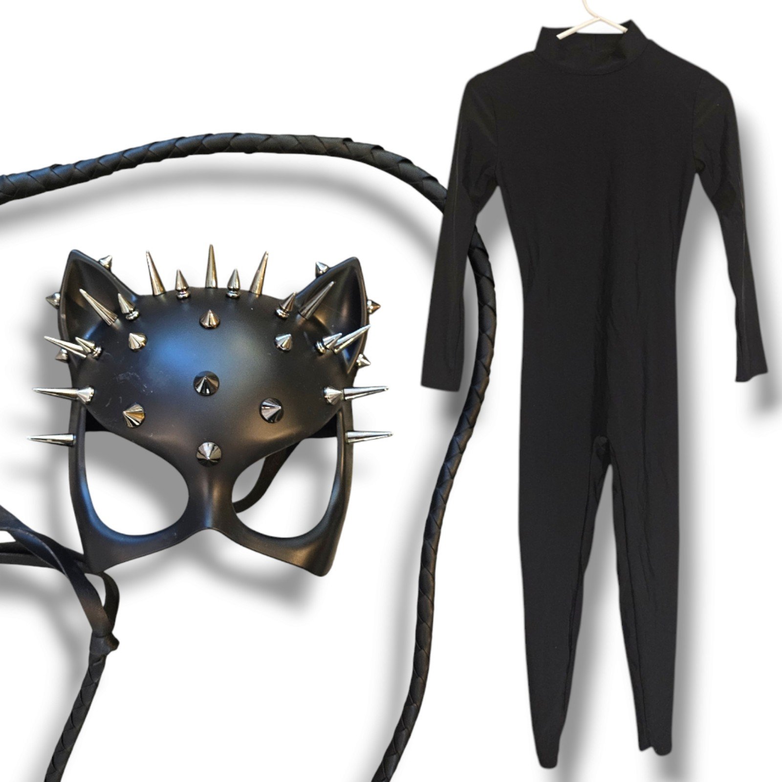 Studded Cat Women’s Mask W/ 6ft/74inch Whip W/ Handle and Small Zip-Up Cat Suit