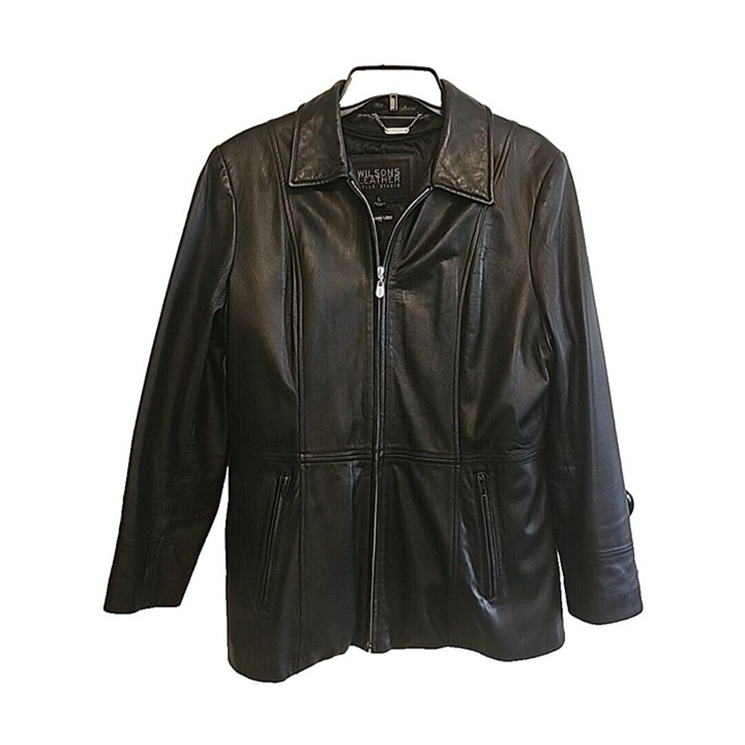 Womens Large Wilsons Leather Black Jacket Coat Zip Out Lining Pelle Studio