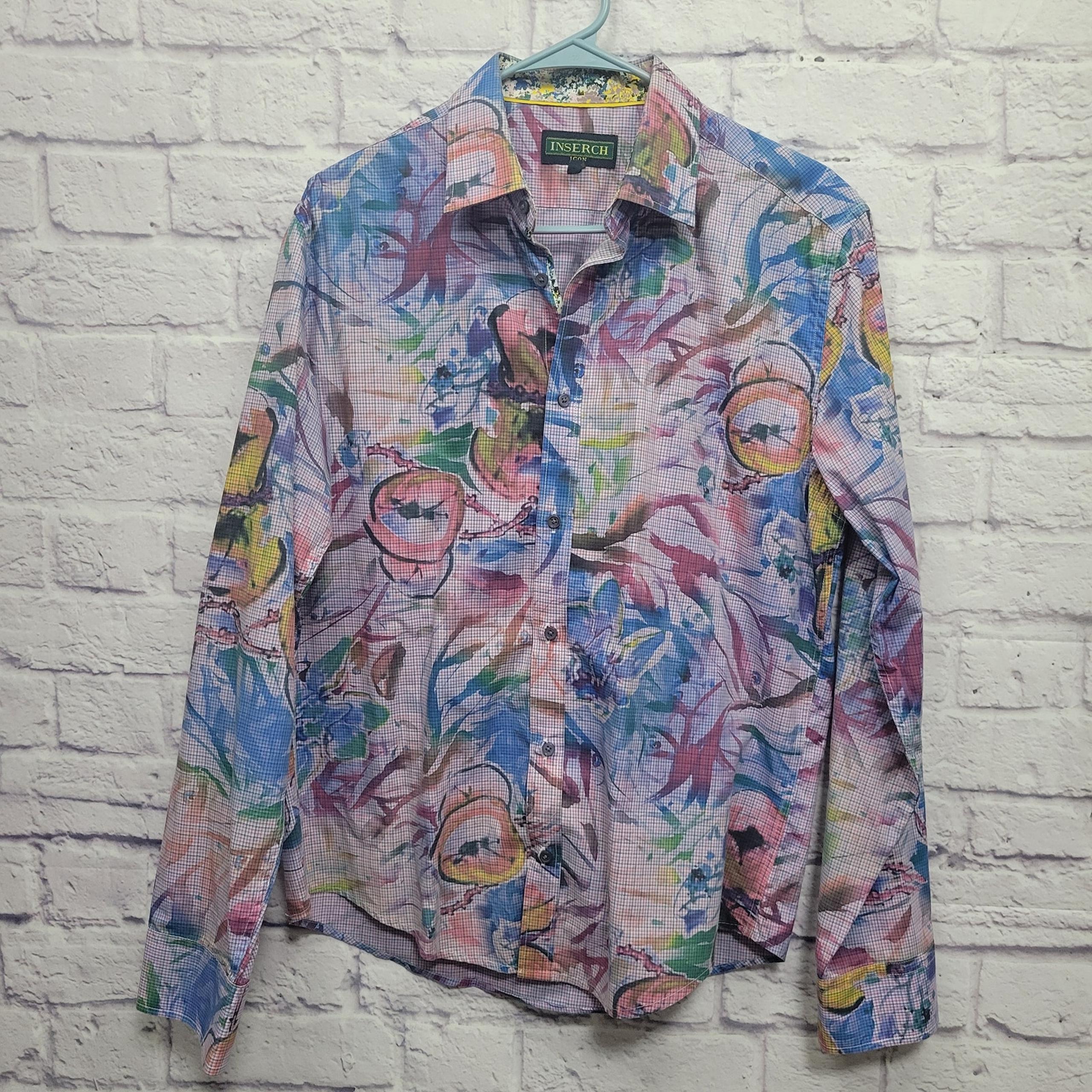 Inserch Icon Flip Cuff Button Shirt Mens M Colorful Artsy Floral Cotton Abstract