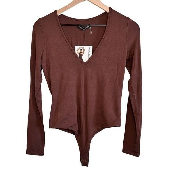 Naked Wardrobe Bodysuit Large Brown V-Neck Long Sleeve Thong Stretch NW-B0125