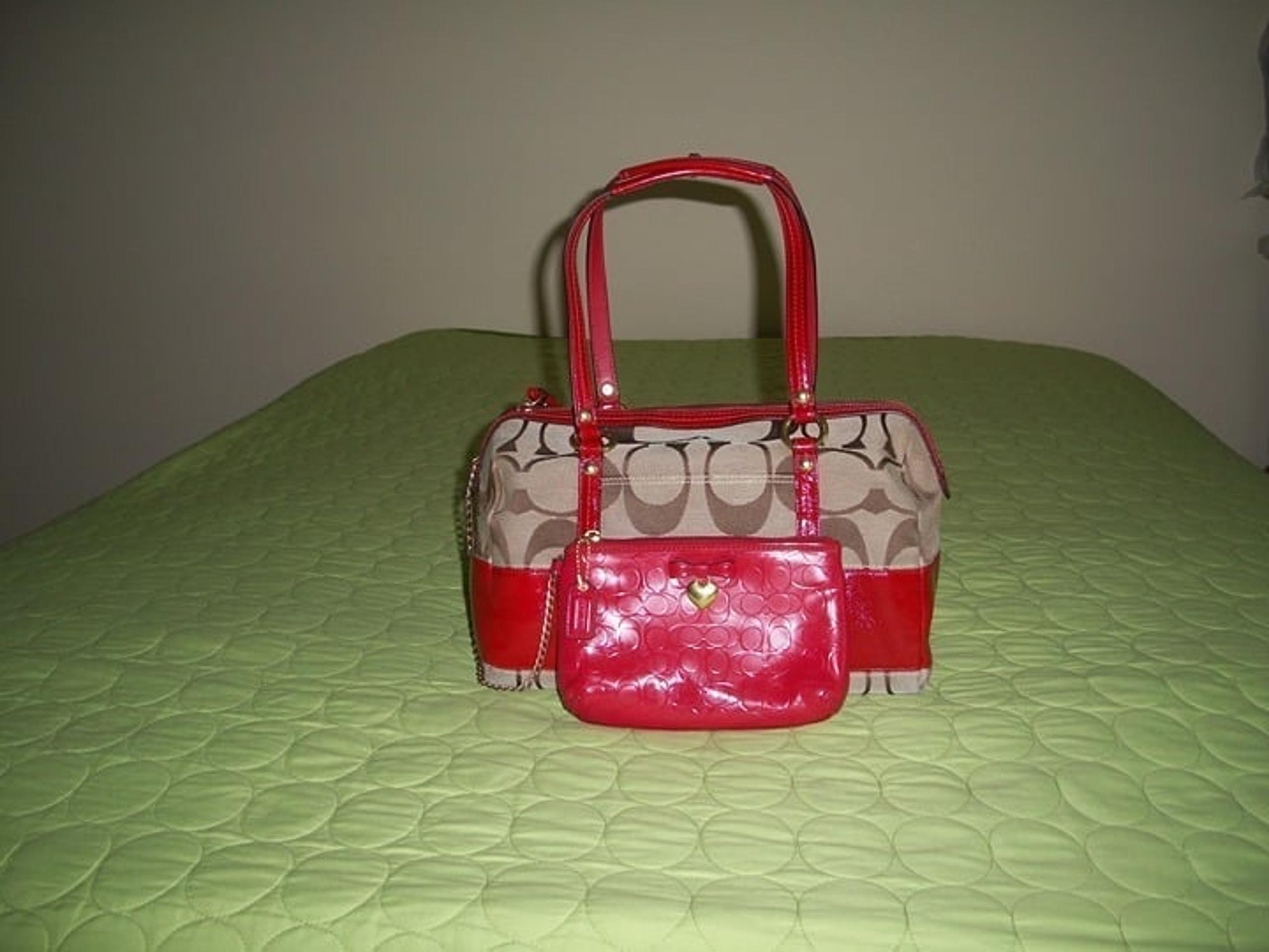 Coach Brown Signature Canvas with Red Patent Leather Bag with Wristlet/Wallet