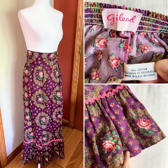 Vintage 70s Gilead Purple Cotton Made in USA Floral Maxi Skirt Size XS S