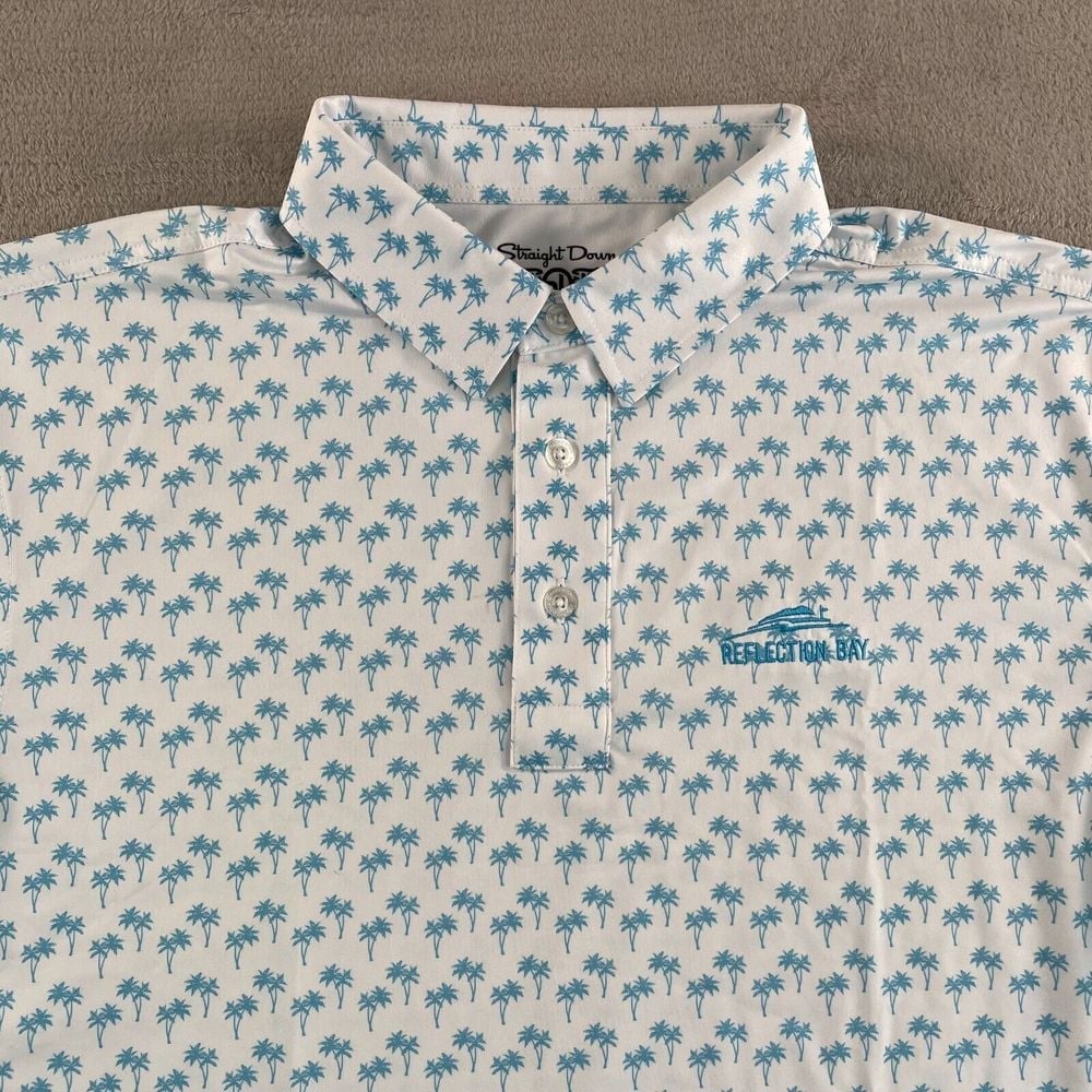 Straight Down x Reflection Bay Golf Club Polo Shirt Men Large Blue Palms NWOT
