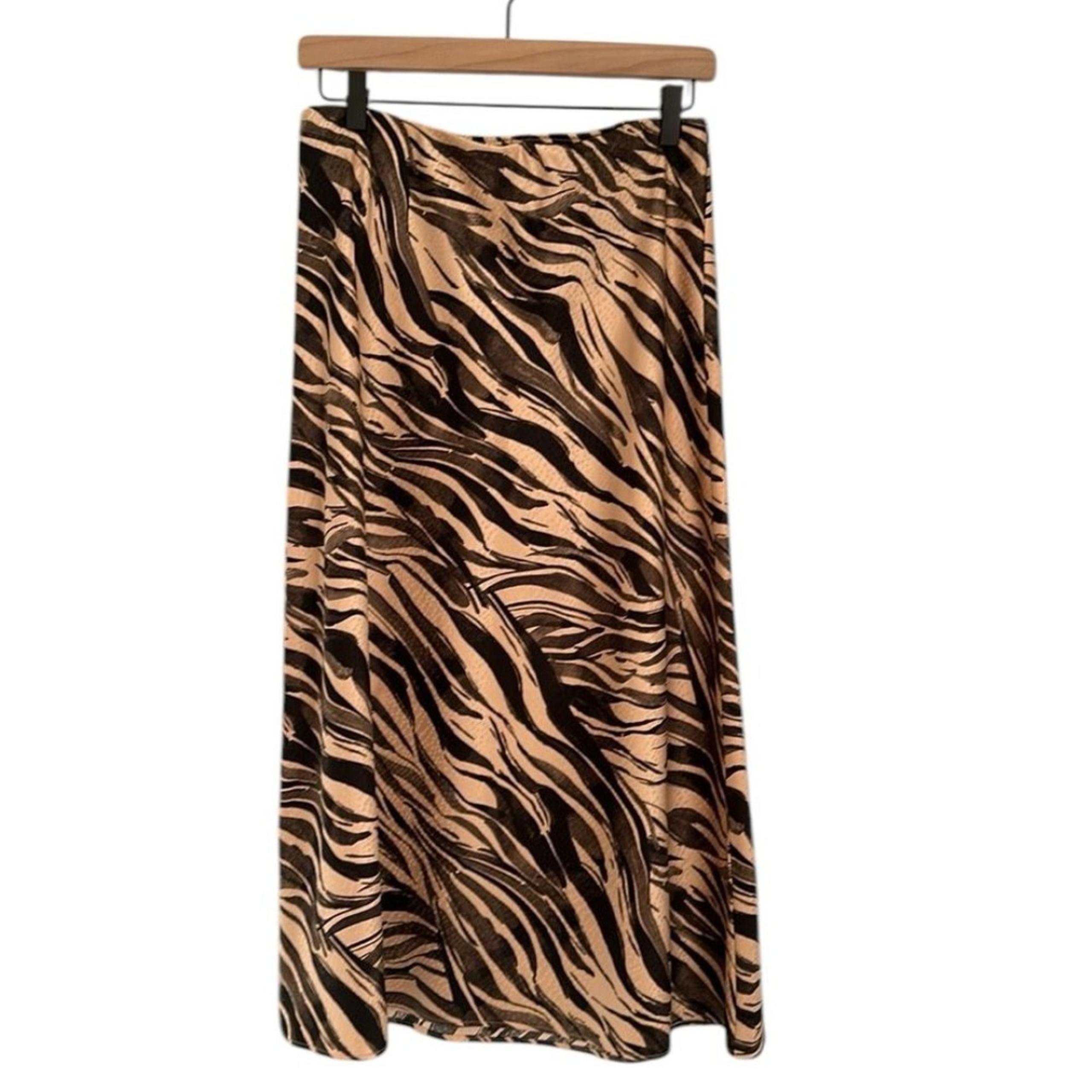 Nine West Women’s Peach/Black Zebra Animal Print A Line Satin Midi Skirt Size M
