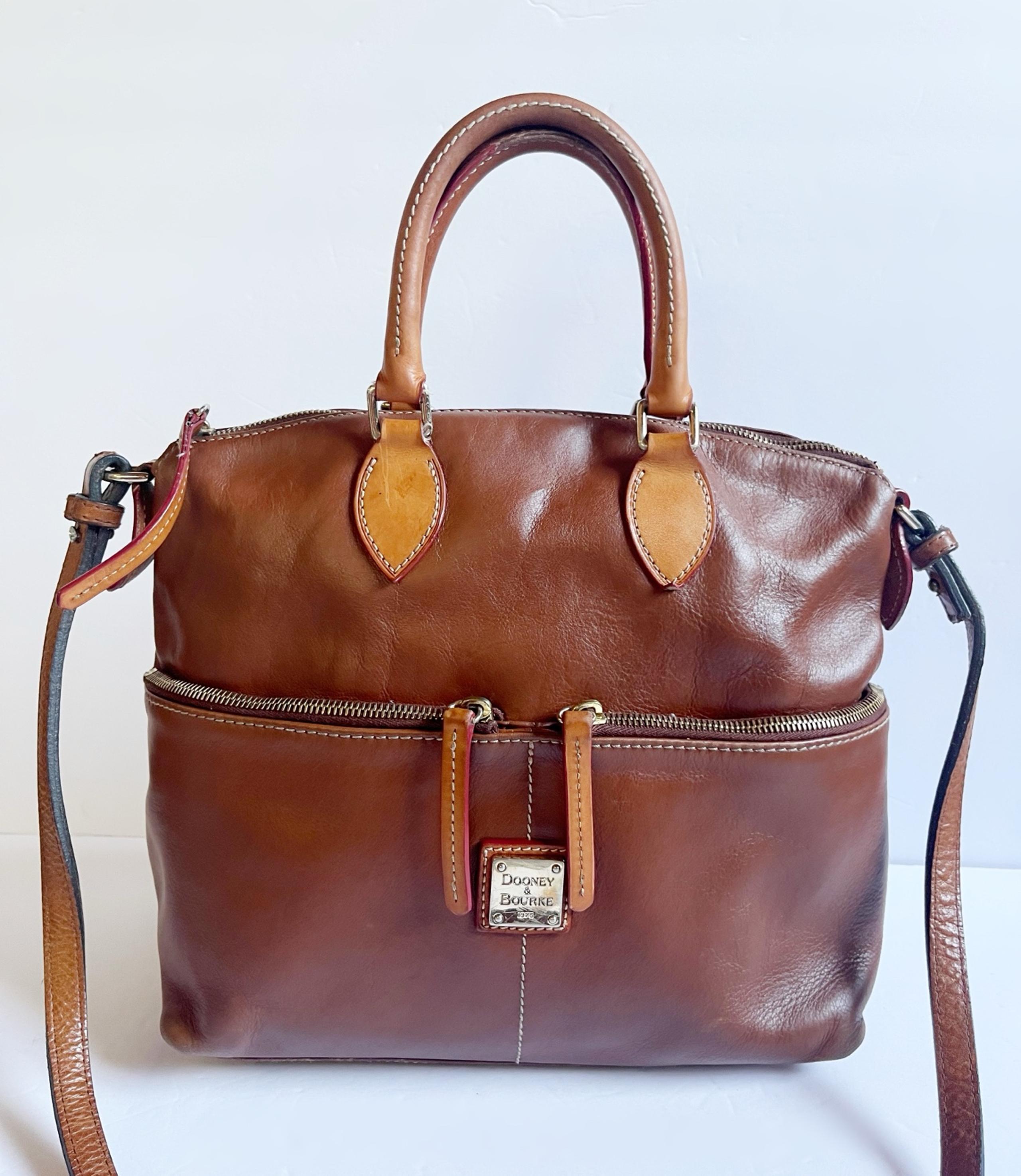 Dooney Bourke Tan Crossbody Leather Domed Satchel Speedy Bag Purse tote Zip