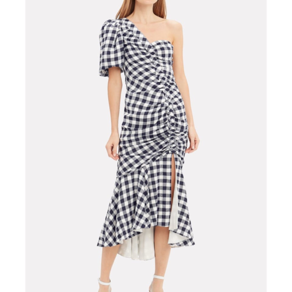 Jonathan Simkhai One Shoulder Ruched Gingham Twill Midi Dress US 4