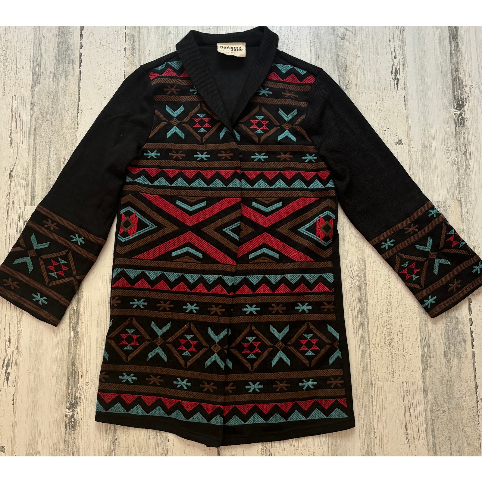 Savannah Jane Black Aztex Embroidered Cardigan Jacket sz M EUC