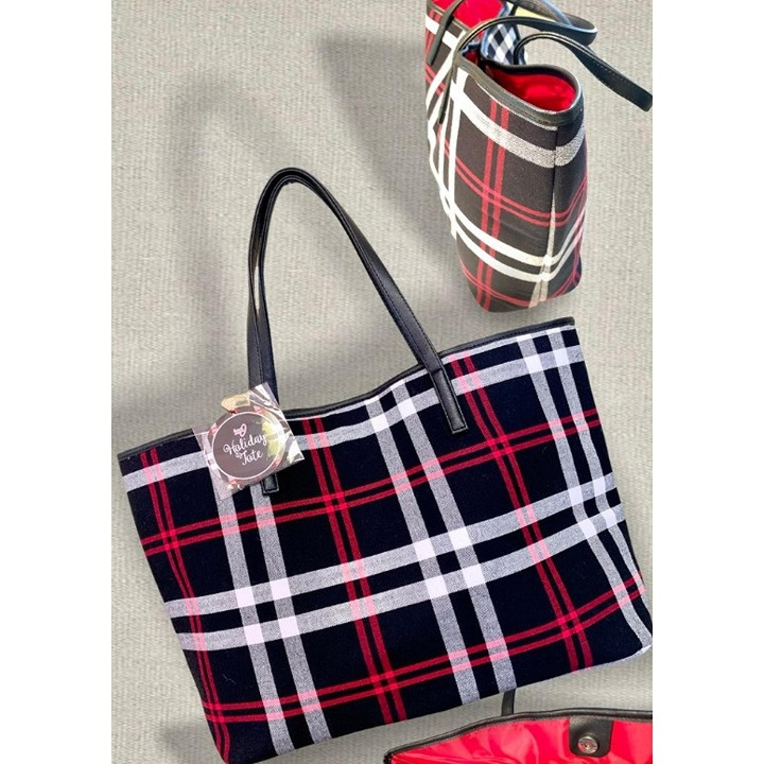 Arcadia Plaid Check Print Black Red White Tote NWT!