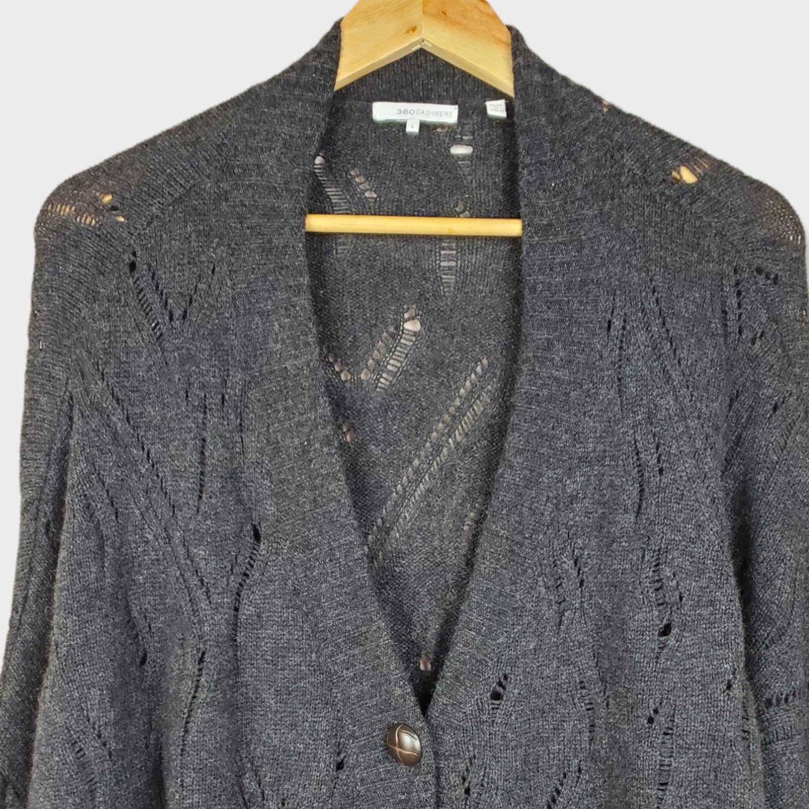 360 Cashmere Cardigan Wool Cashmere Large shops Open Knit Charcoal Gray V-neck