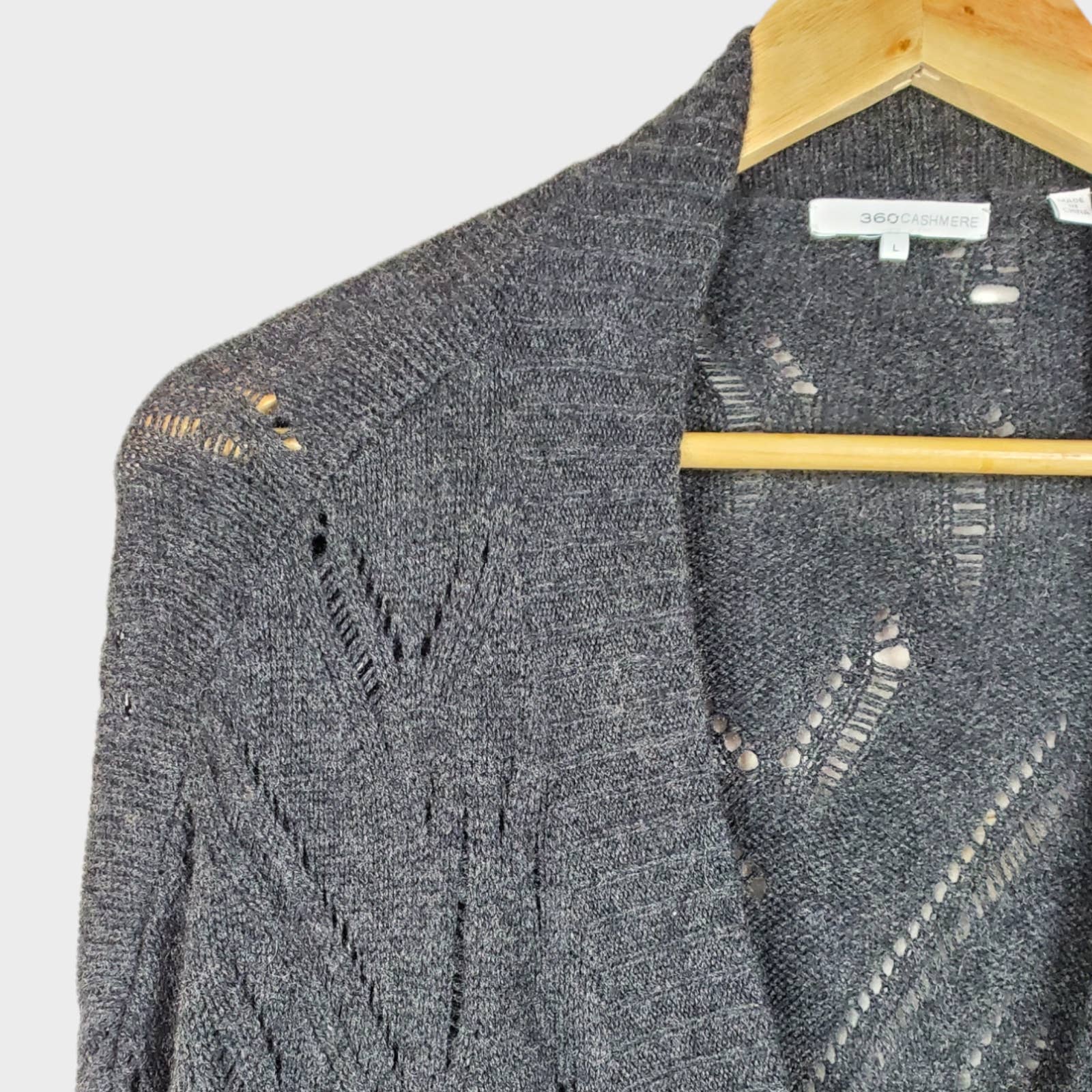 360 Cashmere Cardigan Wool Cashmere Large shops Open Knit Charcoal Gray V-neck