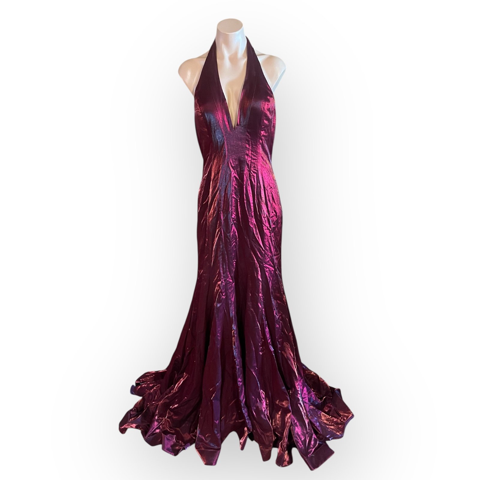 Jasz Women’s Size 10 Burgundy Deep V Halter Style Maxi Formal Dress