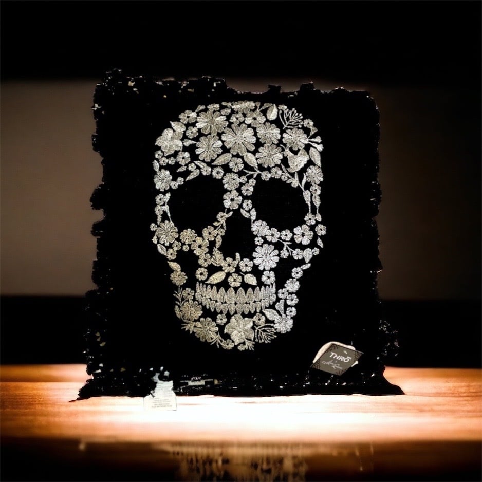 Thro Marlo Lorenz 20x20 Metallic Embroidered Floral Skull Pillow Halloween Goth