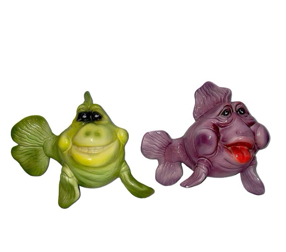 Anthropomorphic Fish Wall Hangers Plaques Ceramic Smiling Faces