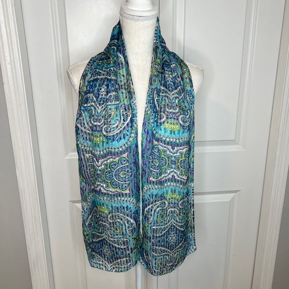Echo Turquoise Blue Floral Paisley Rectangle Silk Scarf Purse Tie Purple Green