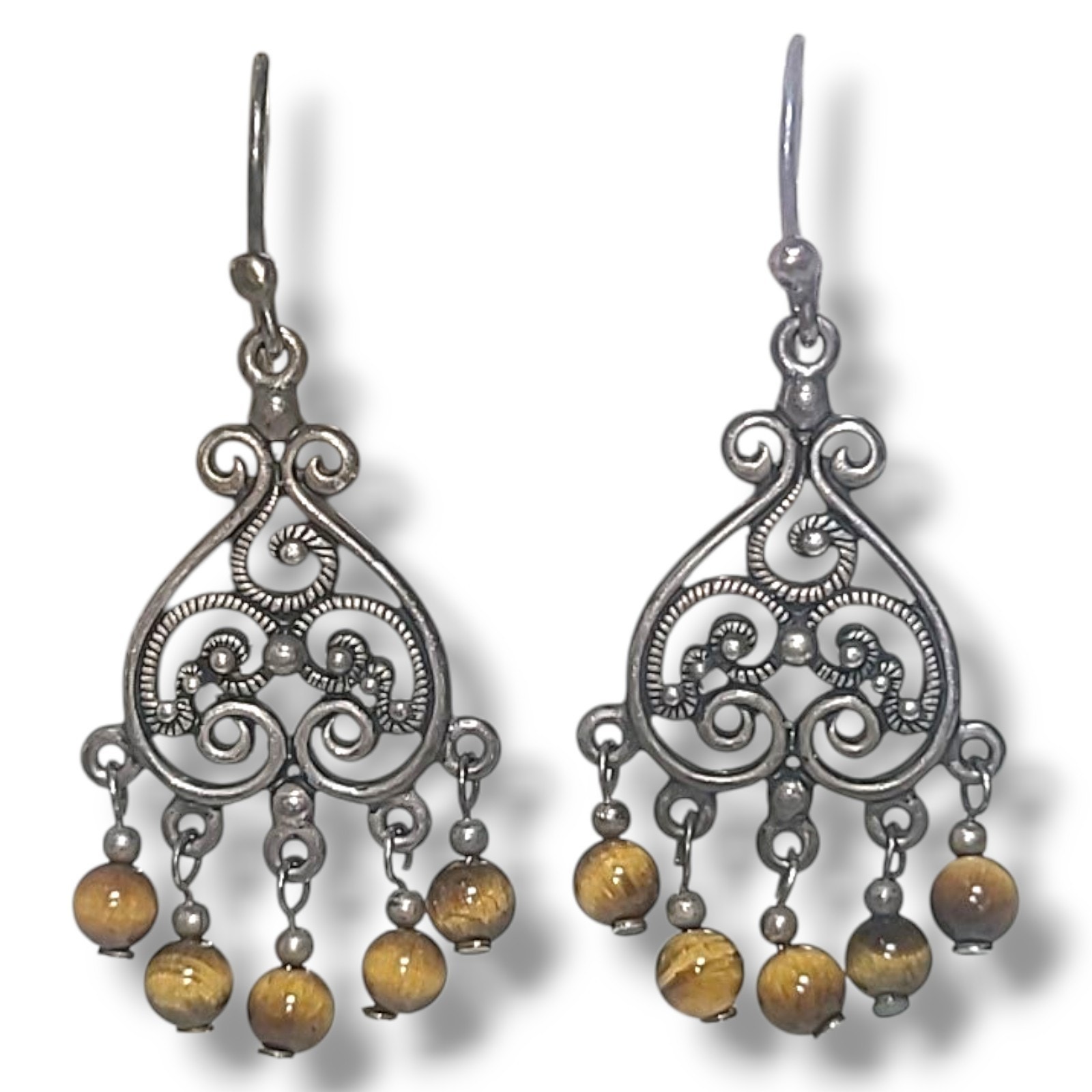Vintage Sterling Silver 925 Tiger's Eye Bead Chandelier Dangle Earrings MWS