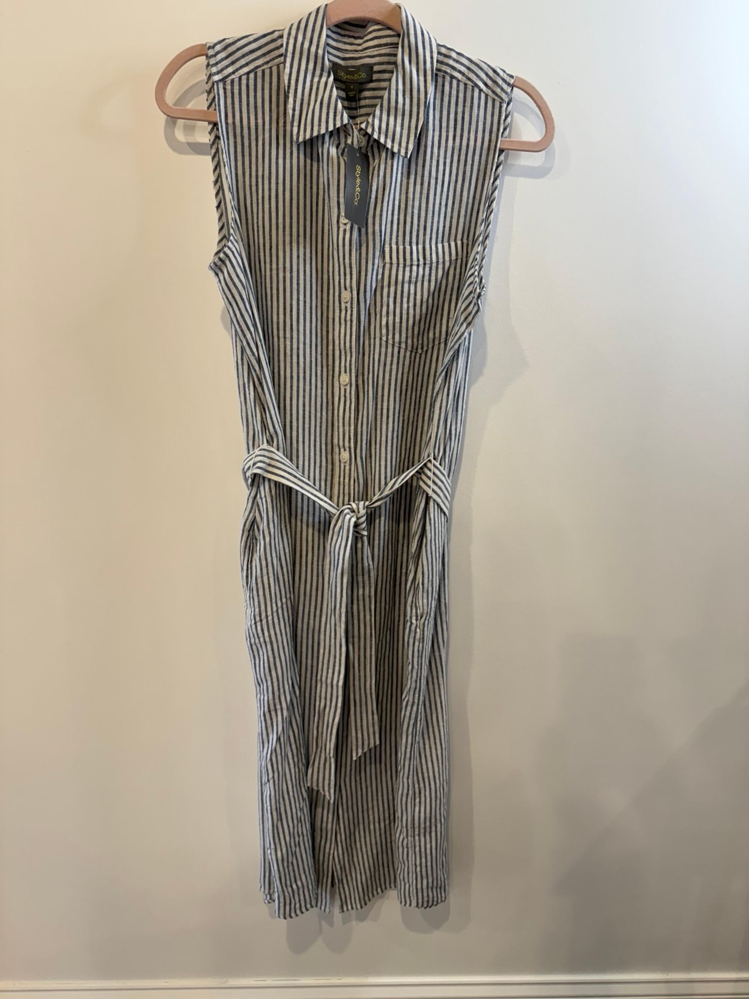 WOMENS DRESS SMALL LINEN BLEND STYLE & CO PIN STRIPED SLEEVELESS BUTTON DOWN NWT